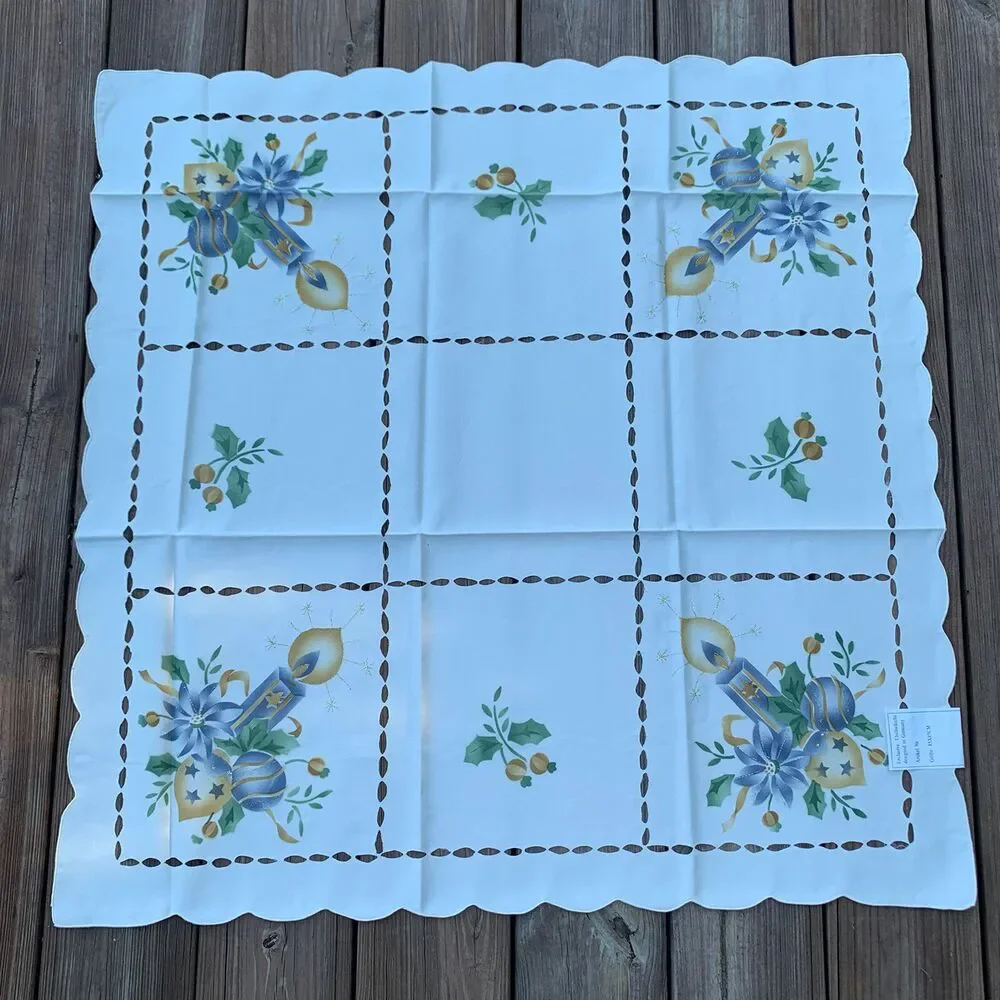 Vintage German Cream Square Christmas Candles Tablecloth Topper  33” X 33”